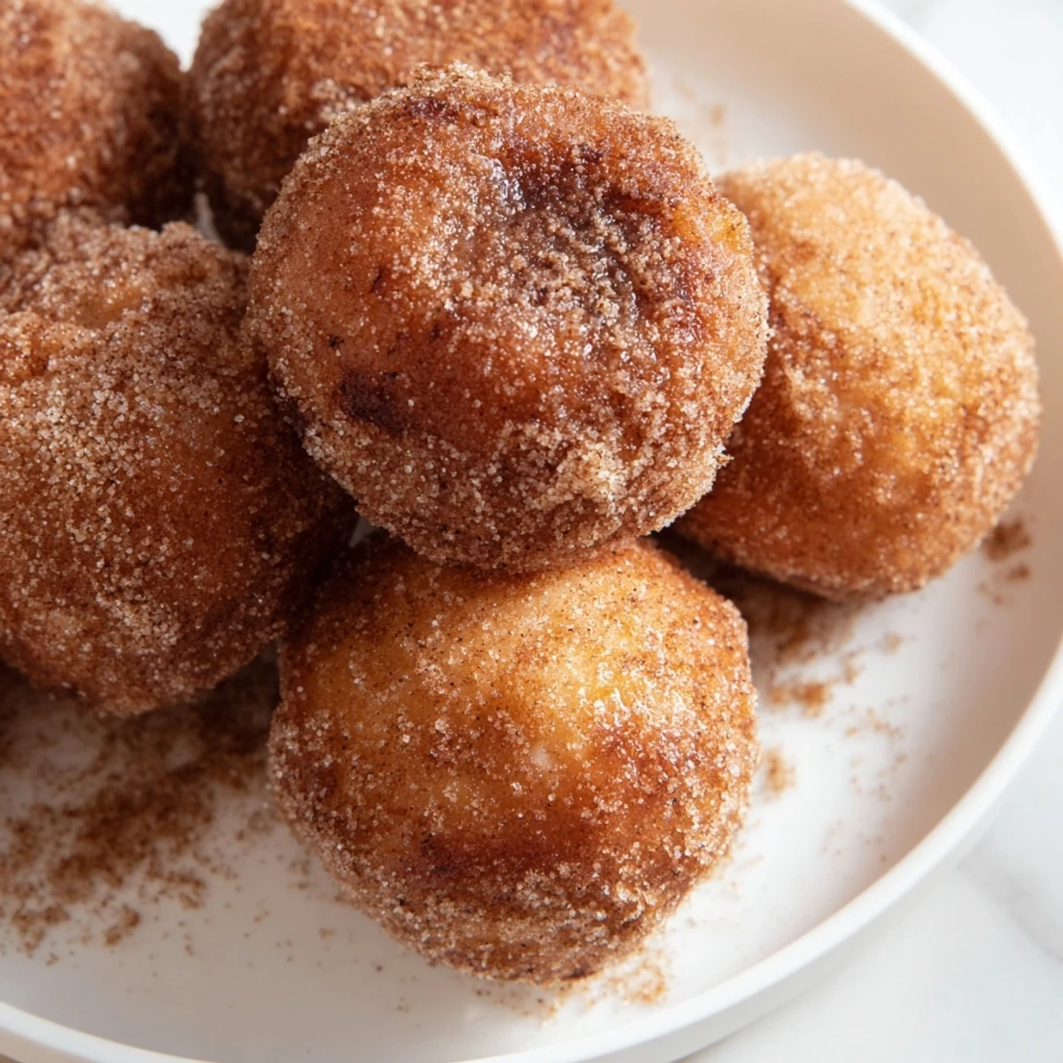 Close-up of fluffy air fryer cinnamon donuts, showing a soft, moist texture, ready to be enjoyed.