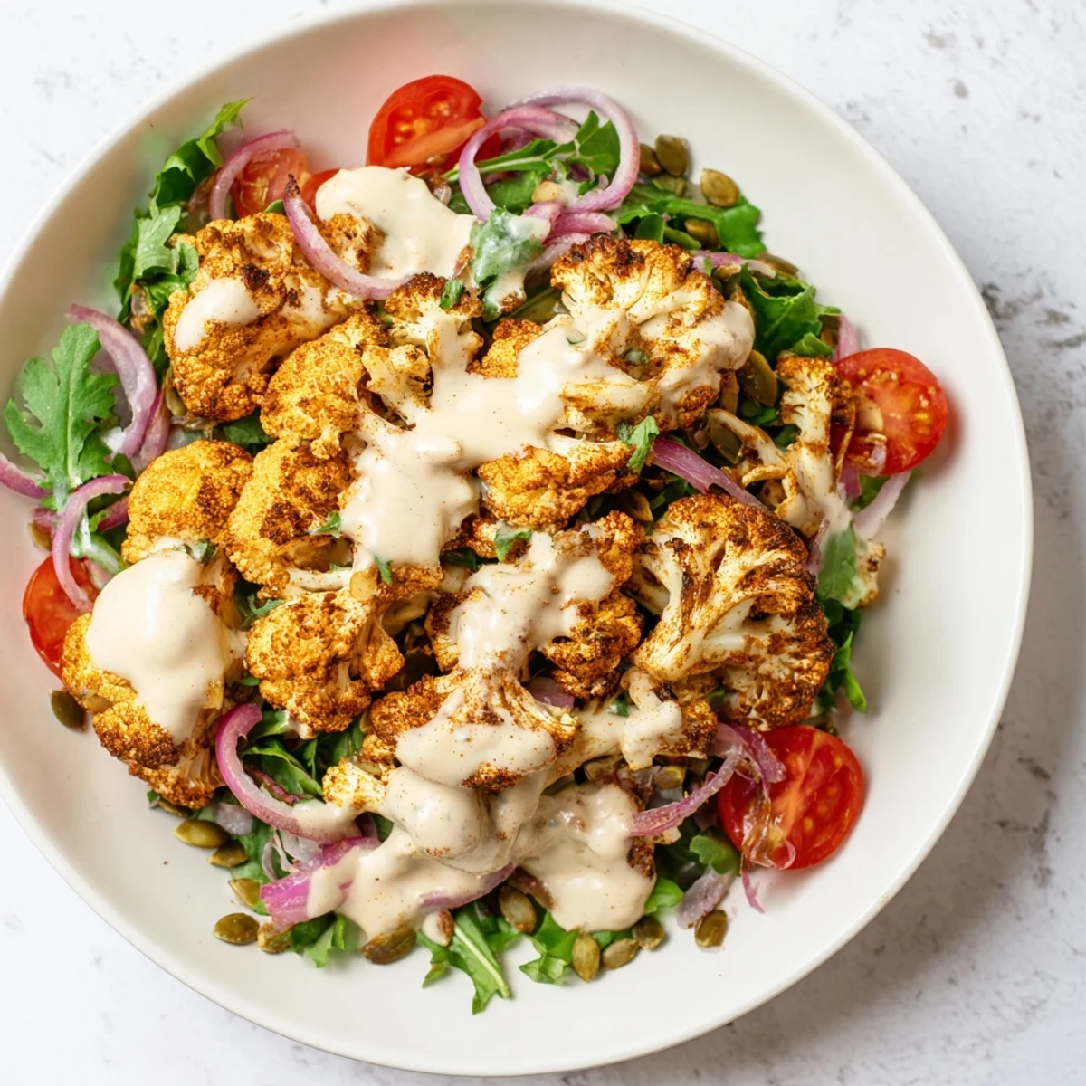 Golden, crispy air-fried cauliflower florets star in this vibrant Crispy Cauliflower Salad.