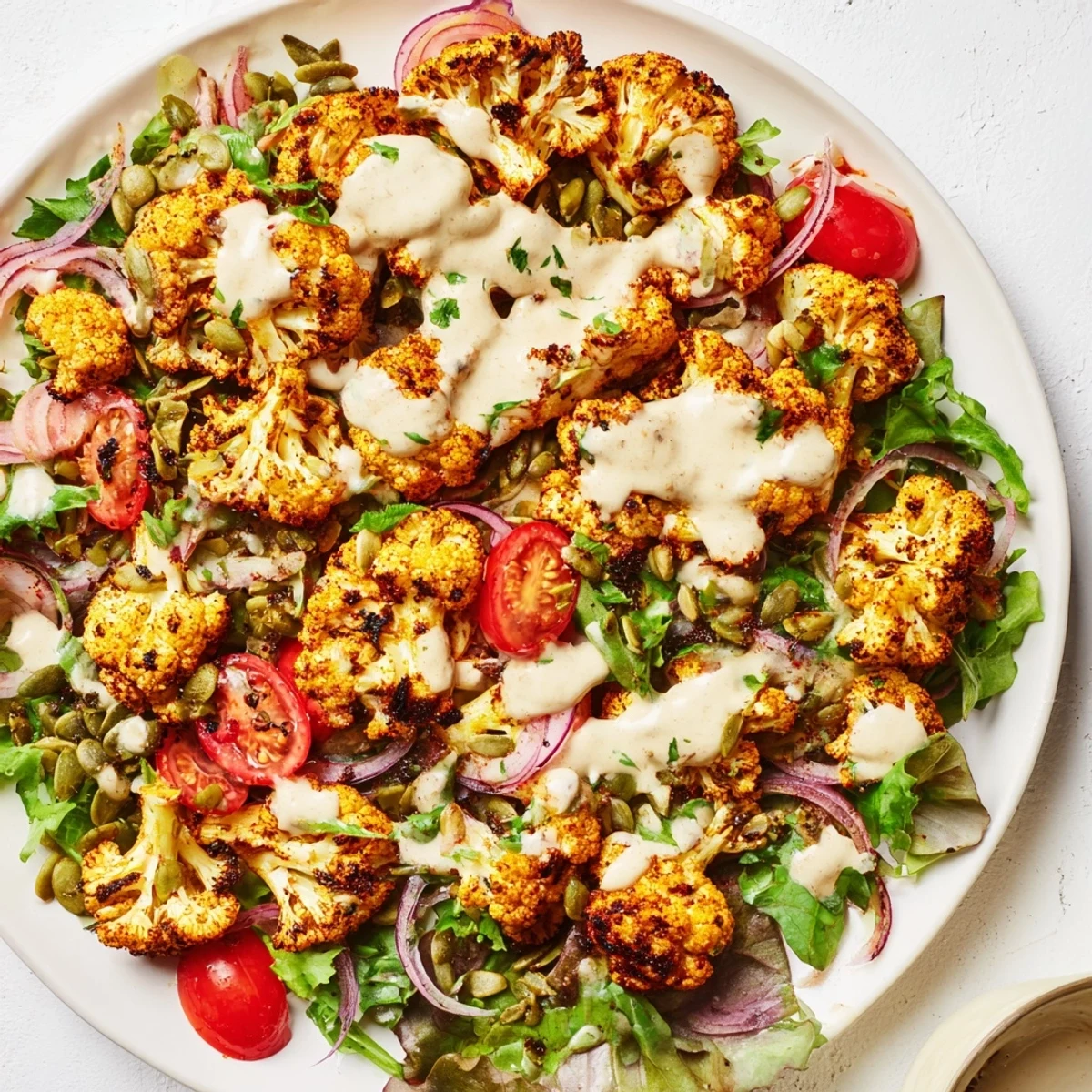 Creamy tahini dressing coats this healthy Crispy Cauliflower Salad, served over fresh mixed greens.