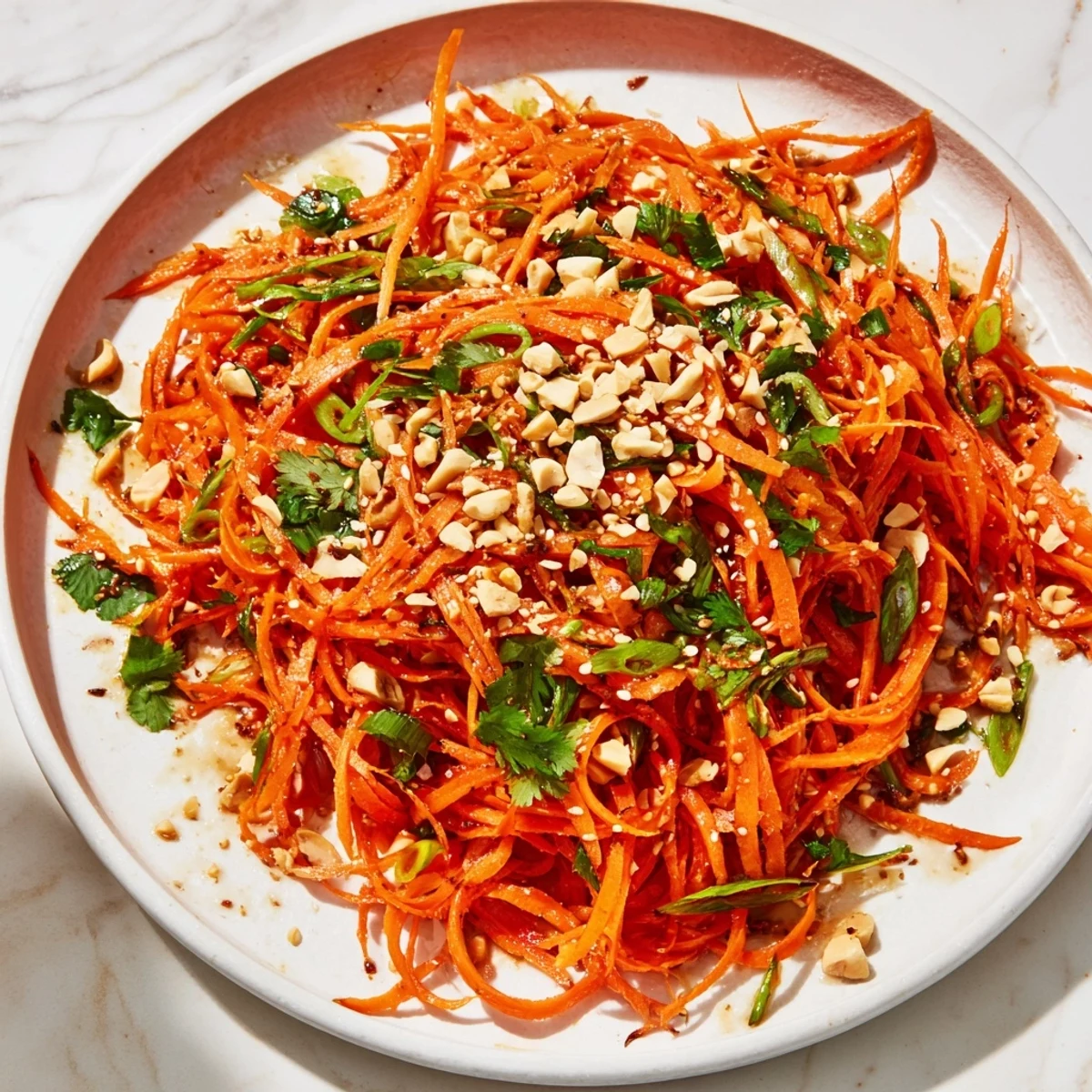 Bright orange Spicy Carrot Salad with fresh cilantro, ready to be served and enjoyed.