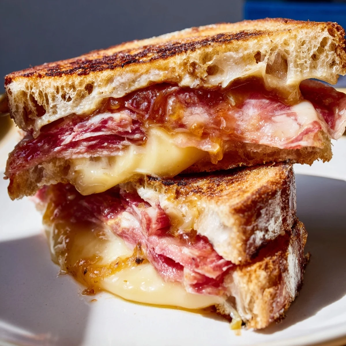 Golden, melty layers of a gourmet Charcuterie Grilled Cheese sandwich, perfect comfort food.