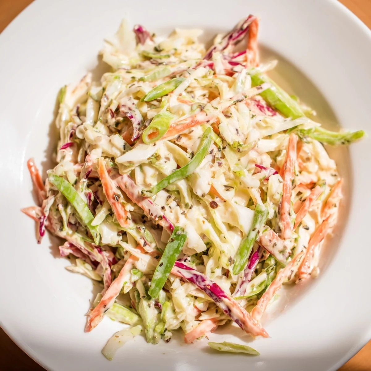 Quick Coleslaw Salad with creamy dressing, vibrantly colorful, ready as a fresh, cooling summer side.