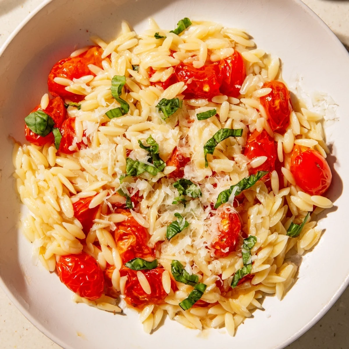 Golden-brown orzo tomato parmesan with fresh basil; a bright, flavorful vegetarian meal.