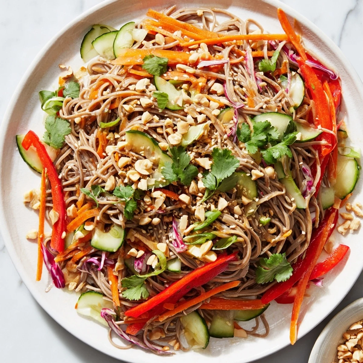 Steaming bowl of Cold Noodle Salad with Sesame-Ginger Dressing, tossed with vibrant vegetables and peanuts.