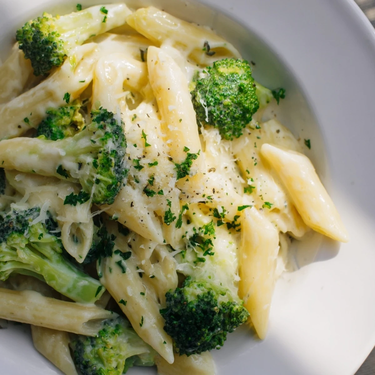 A close-up view of steaming cream cheese garlic pasta, a comforting vegetarian dinner option.