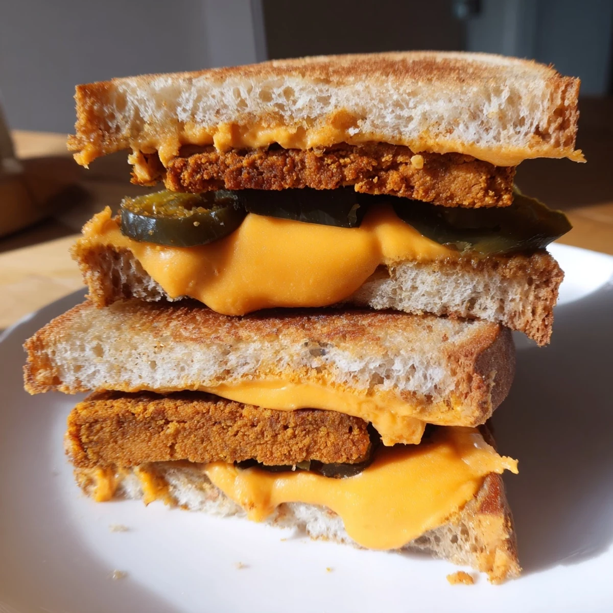 Crispy Spicy Tofu Grilled Cheese with melted vegan cheese, a delicious plant-based comfort food classic.