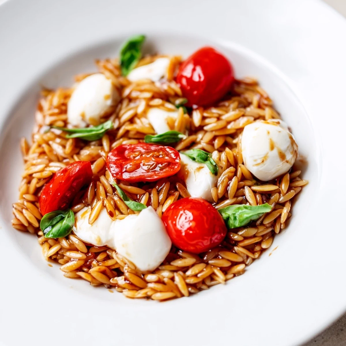 Vibrant Caprese Orzo Salad featuring juicy tomatoes and creamy mozzarella, ready for lunch.