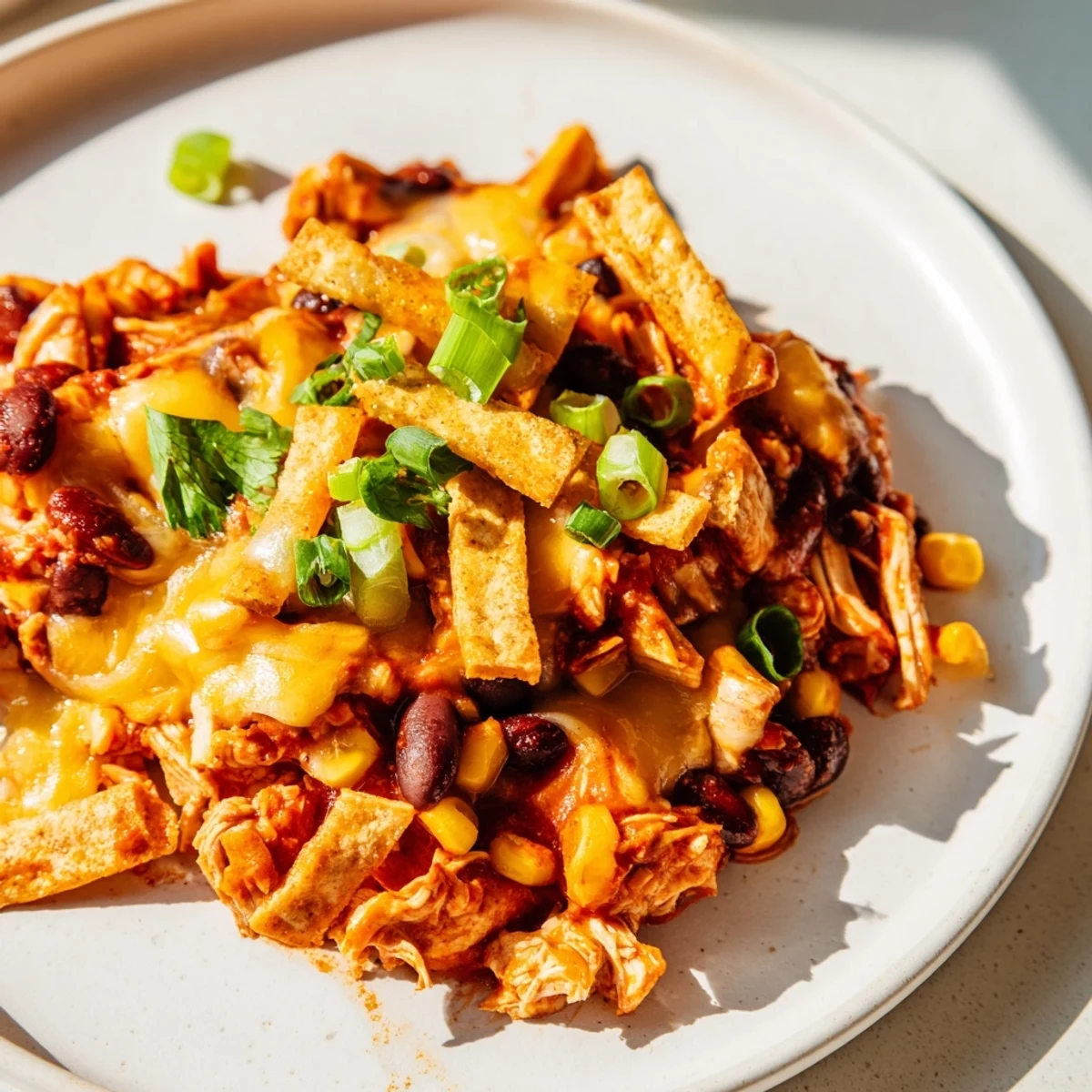 Chicken Enchilada Skillet bubbling hot, with melted cheese and vibrant, colorful vegetables just out of the oven.