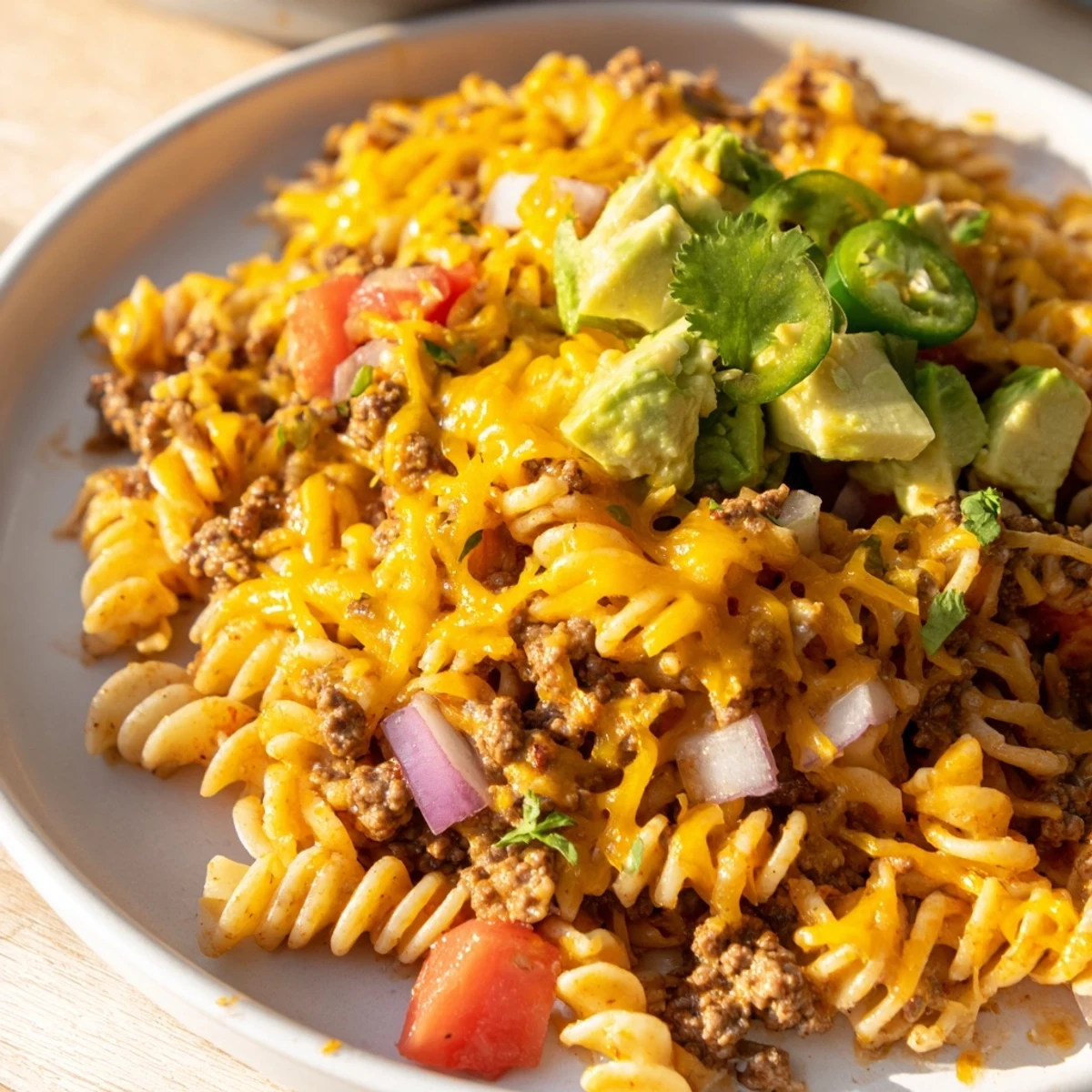 Rich, cheesy Beef Taco Pasta Skillet bubbling in a skillet, showcasing a family-favorite meal.