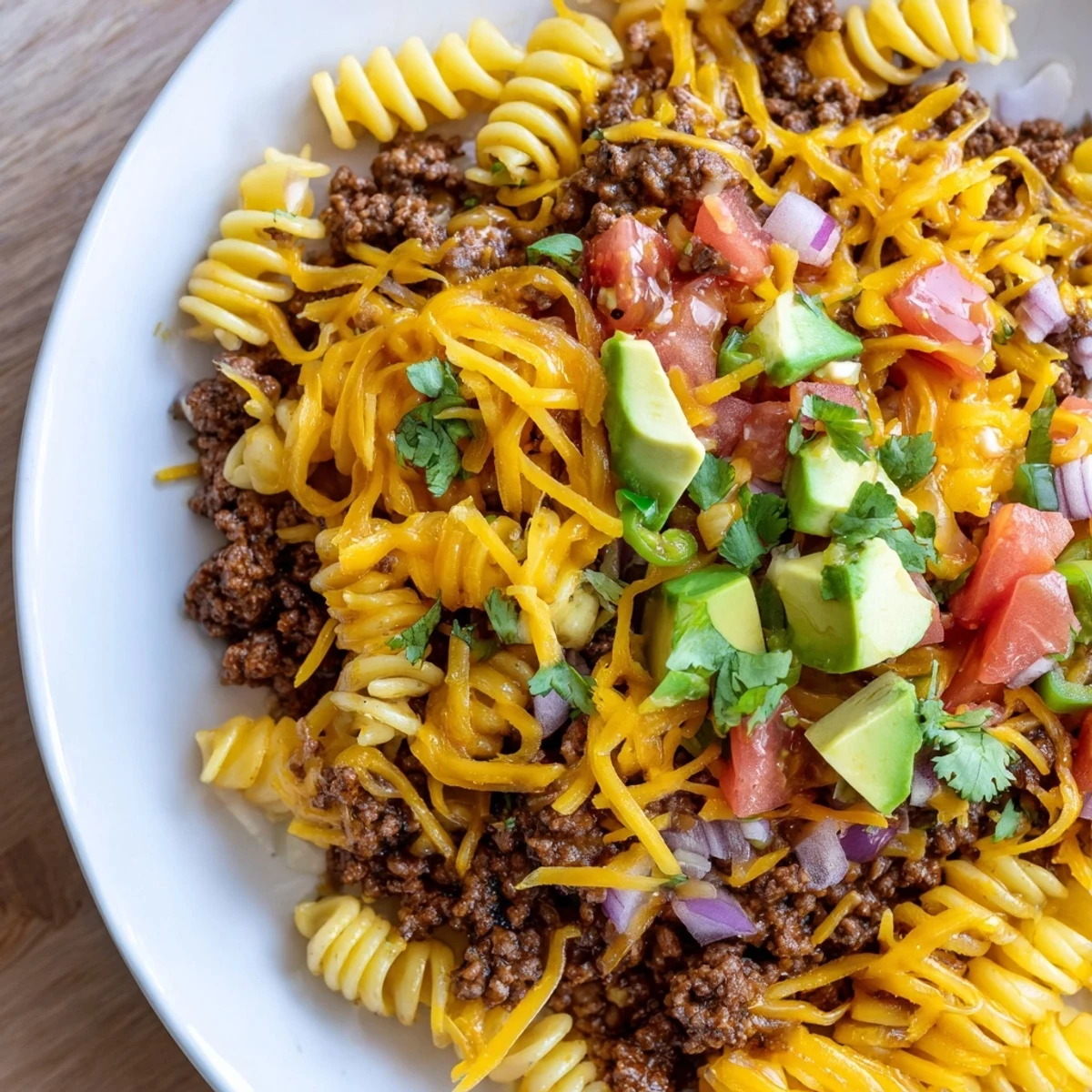 A close-up of a Beef Taco Pasta Skillet, with melted cheese and fresh cilantro garnishes.