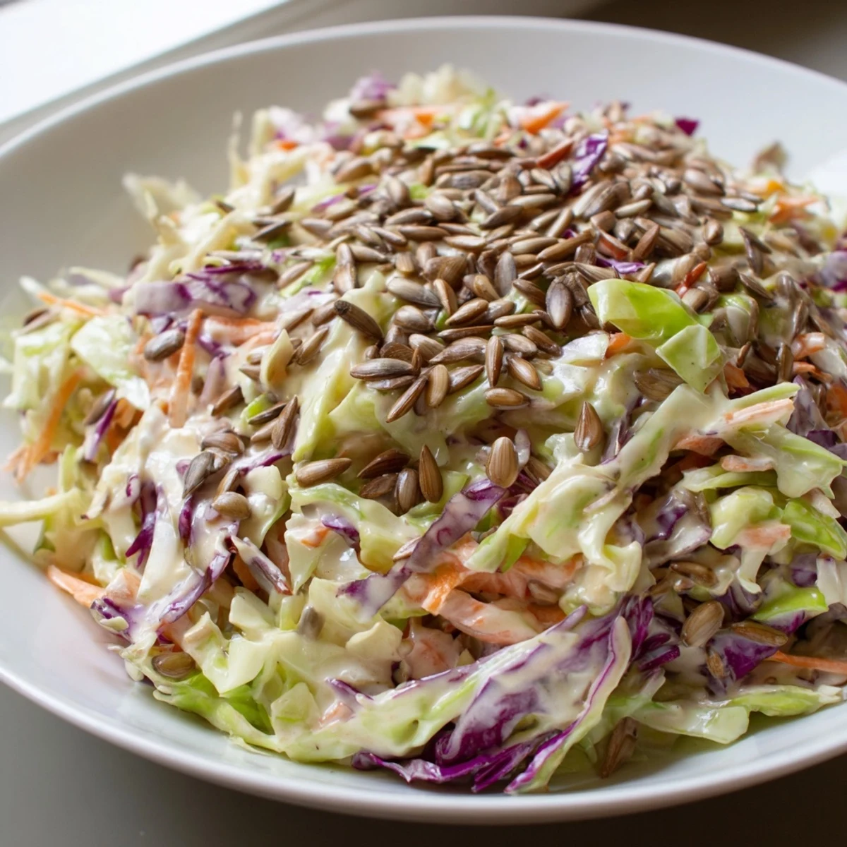 A big bowl of crunchy coleslaw salad, ready to serve as a delicious side dish.