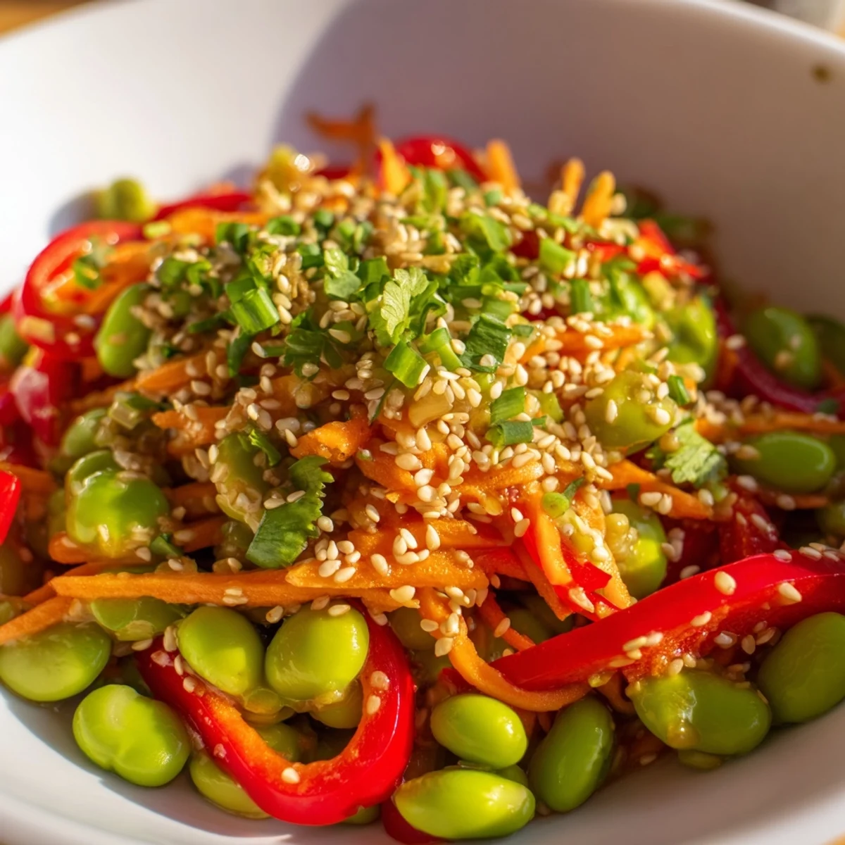 Vibrant Asian edamame salad with sesame seeds; imagine the fresh, crisp vegetables tossed in savory dressing.