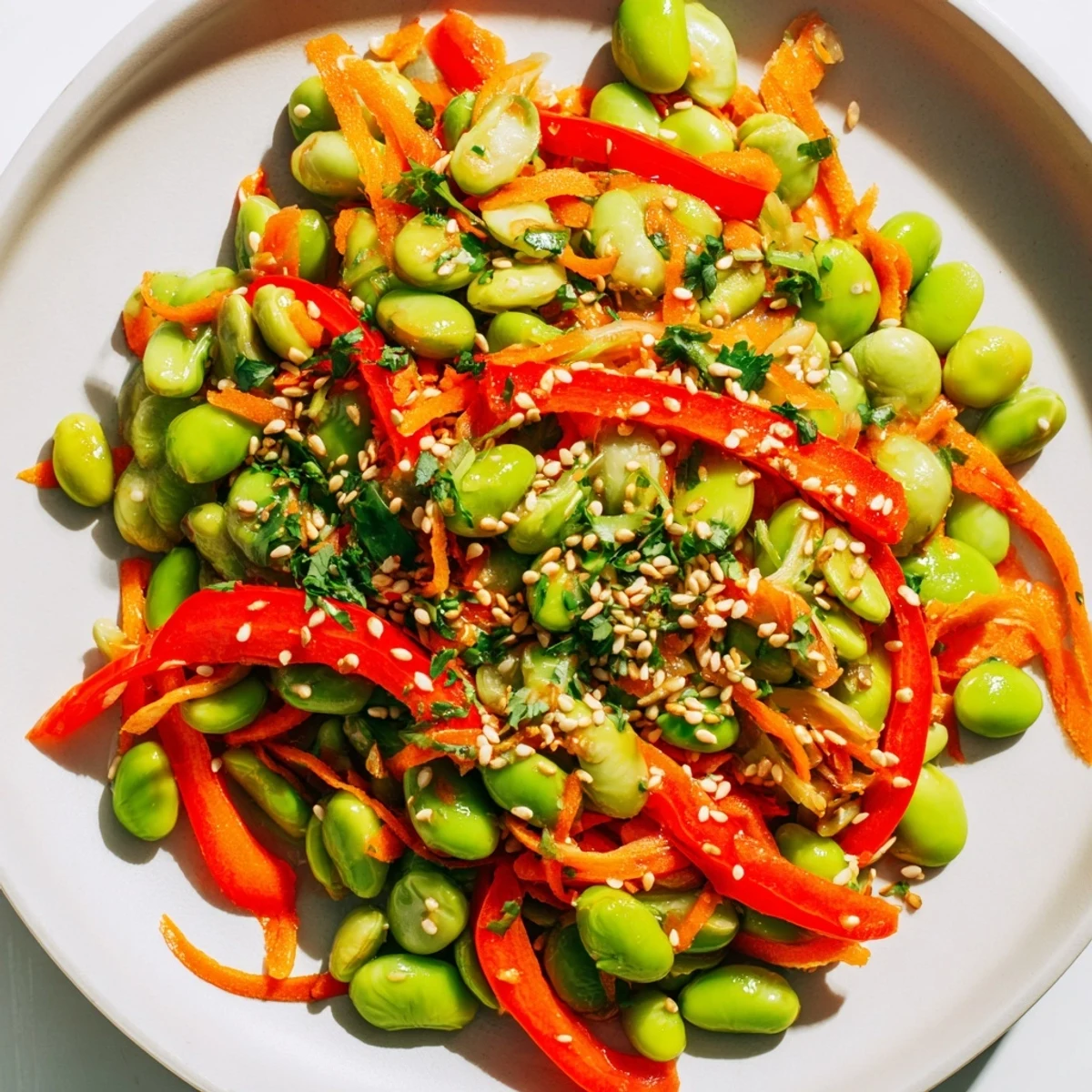 This beautiful Asian edamame salad showcases tender green edamame and colorful bell peppers, ready to enjoy.