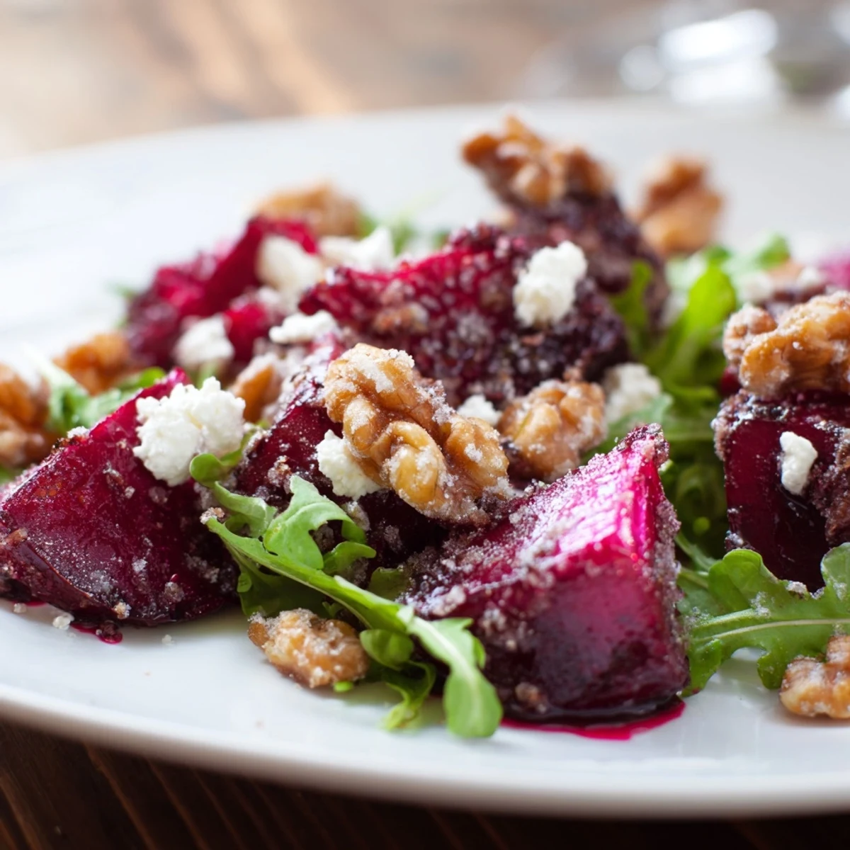Vibrant Roasted Beet Walnut Salad, a beautiful plate of roasted beets and candied walnuts.