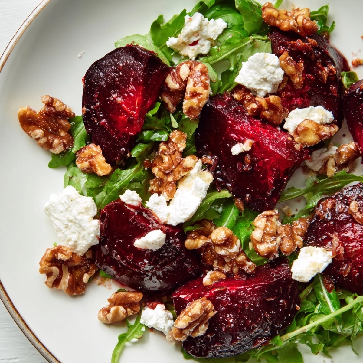 Freshly made Roasted Beet Walnut Salad, bursting with color and flavors, ready to serve.