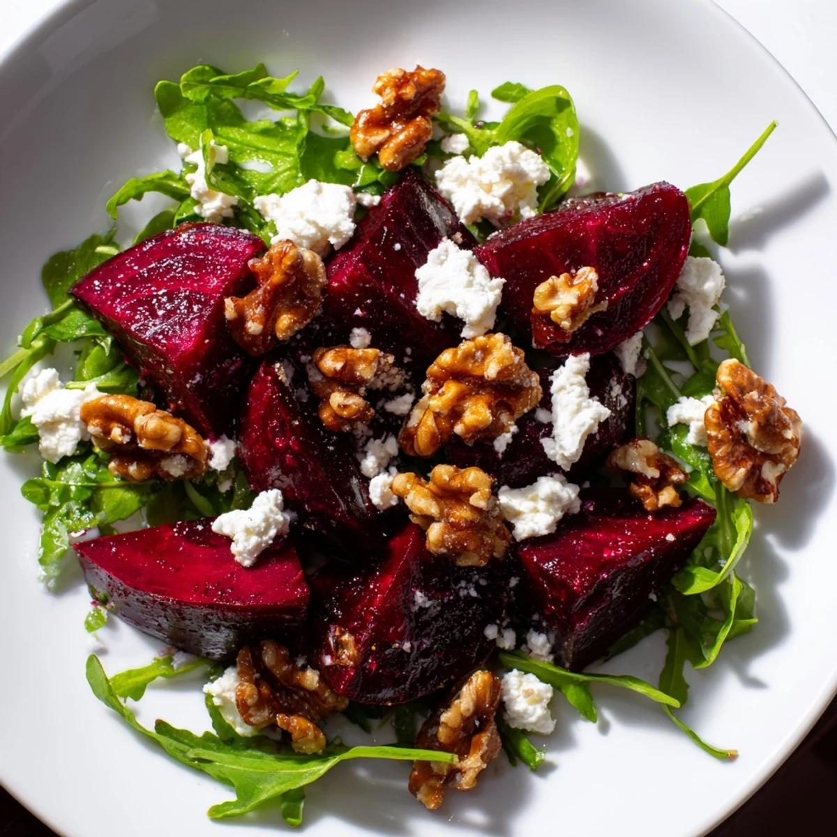 Colorful Roasted Beet Walnut Salad features tender beets, crunchy walnuts, and creamy goat cheese.