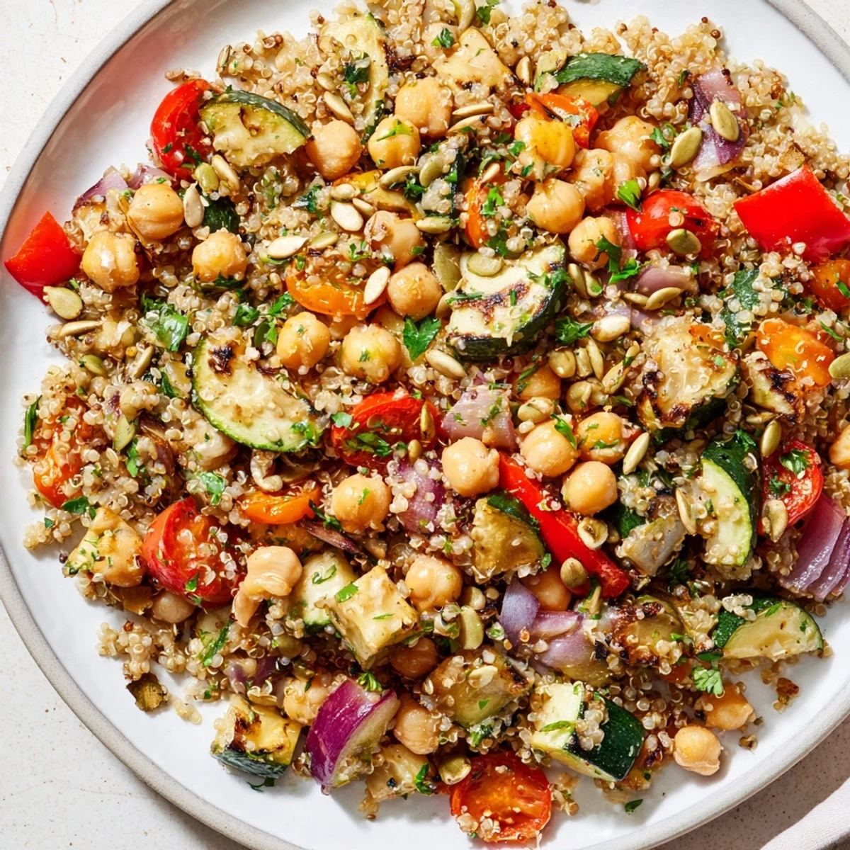 Fluffy quinoa power protein salad with roasted vegetables, a creamy tahini dressing, and fresh herbs.