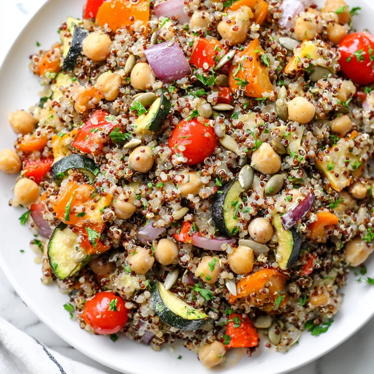 Vibrant image of a quinoa power protein salad with chickpeas, perfect for a healthy light lunch.