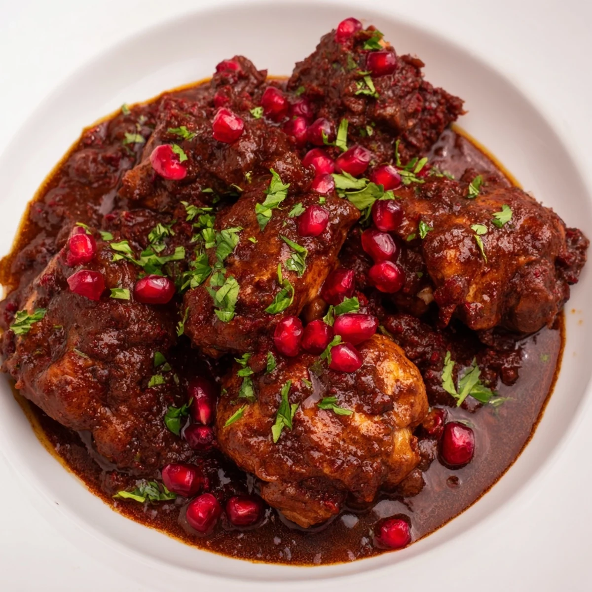 Tender chicken in rich Iranian Fesenjan stew, a deeply flavored Persian dish, ready to savor.