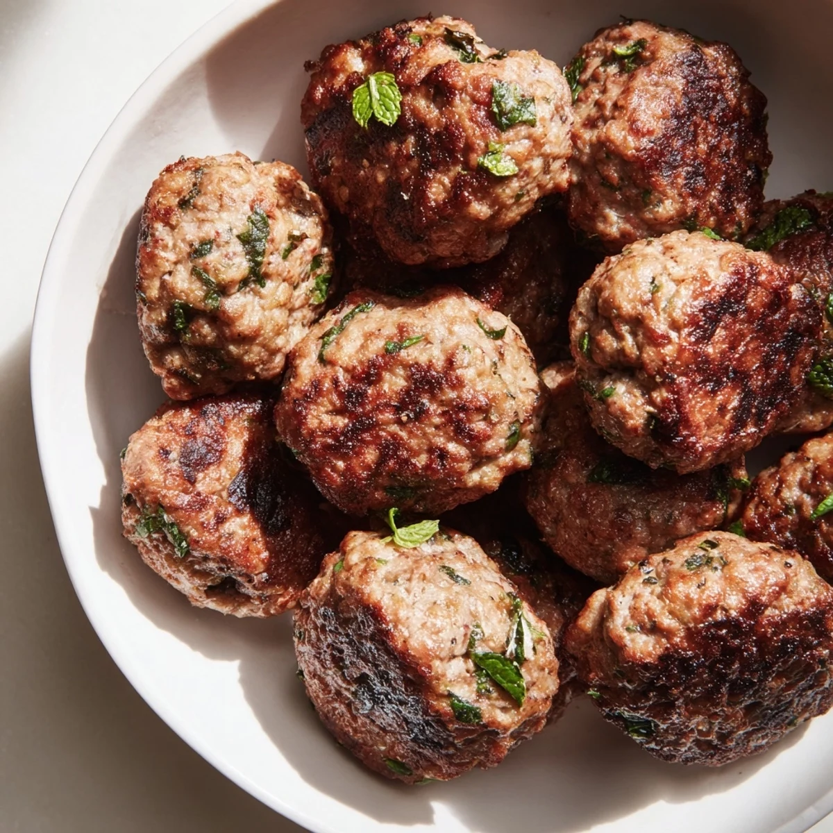 Golden-brown Turkish Köfte meatballs, pan-fried to perfection, are ready to savor with fresh herbs.