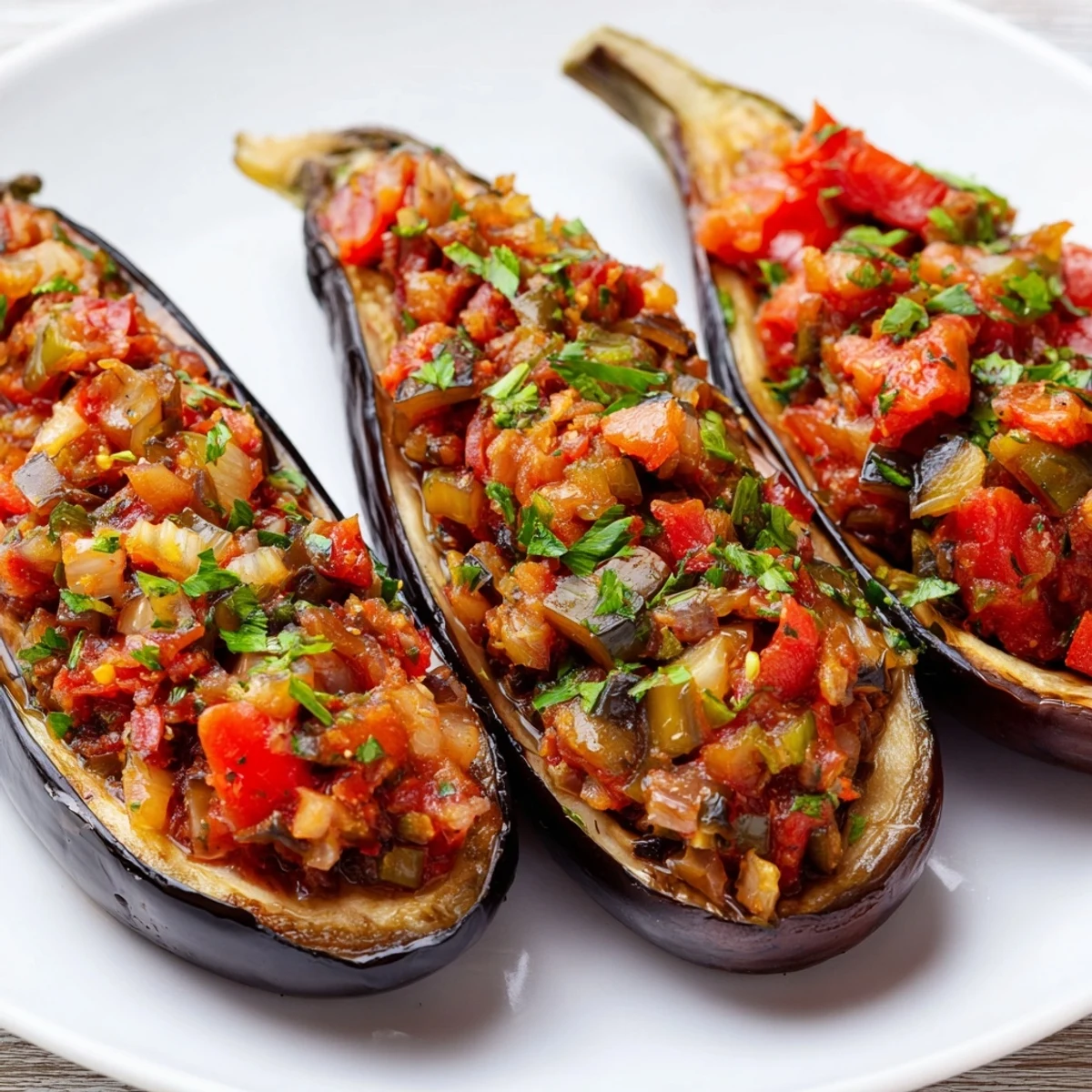 Steaming Imam Bayildi, featuring tender eggplant stuffed with a rich tomato filling, ready to serve.
