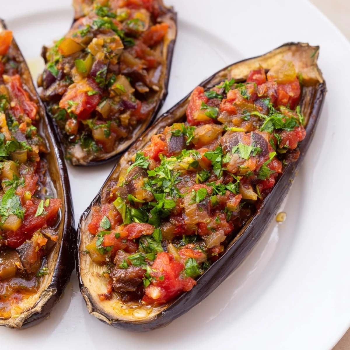 A vibrant close-up shows the baked Imam Bayildi, the eggplant perfectly soft with bubbling filling.