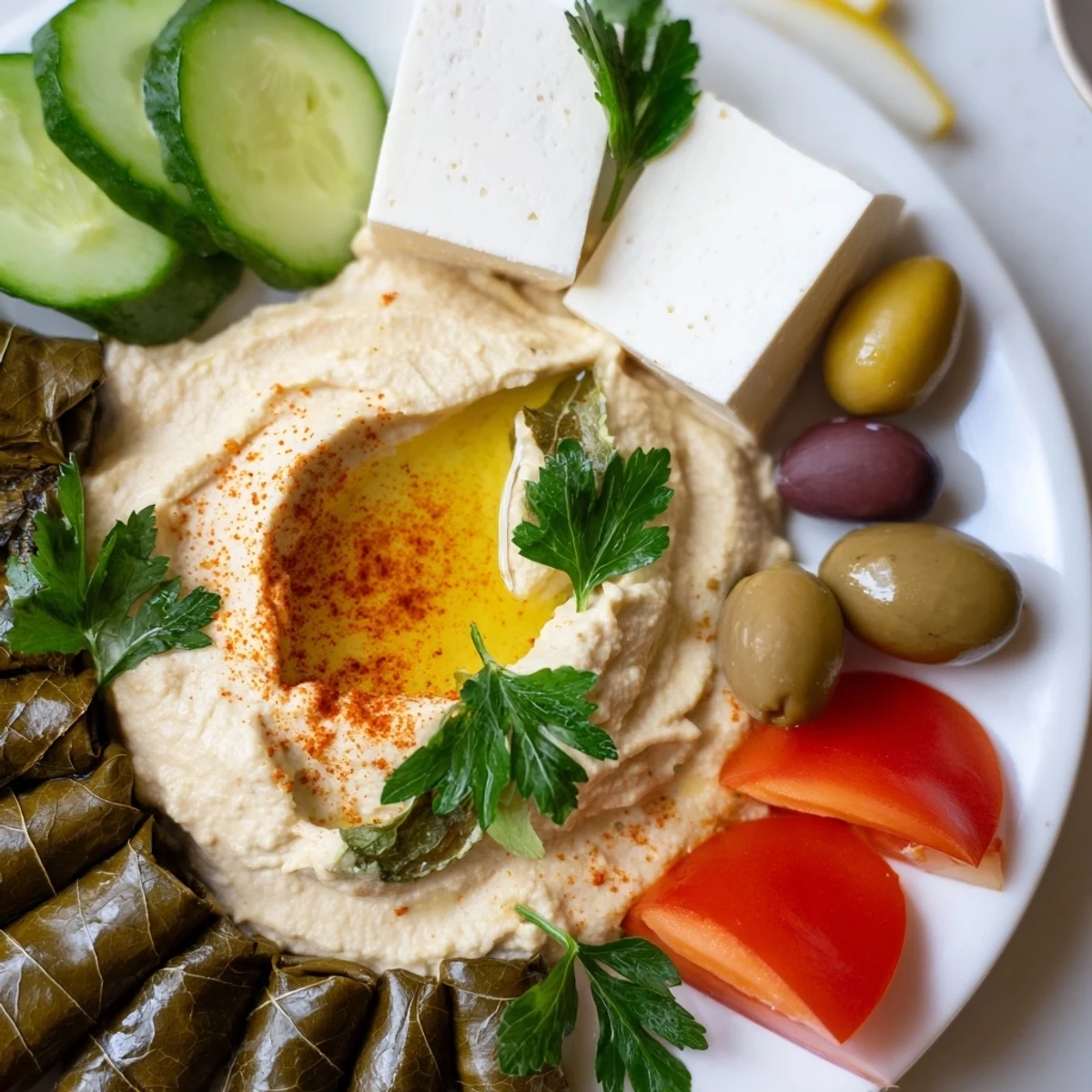A close-up of a Turkish Meze Platter: creamy hummus and fresh vegetables, inviting and delicious.