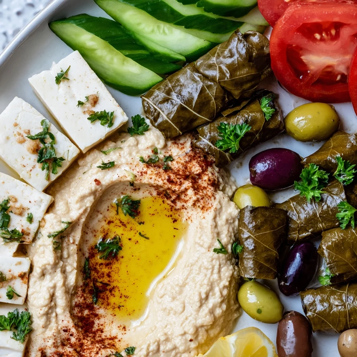 Earthy tones populate this Turkish Meze Platter, including stuffed grape leaves and feta cheese, for a flavorful treat.