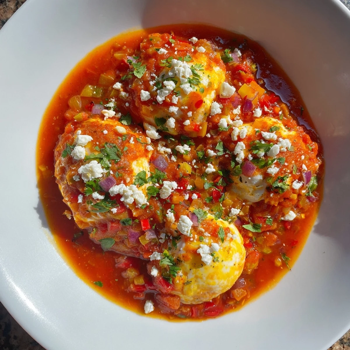Israeli Shakshuka eggs bubbling in a pan, a flavorful Middle Eastern tomato and pepper dish.