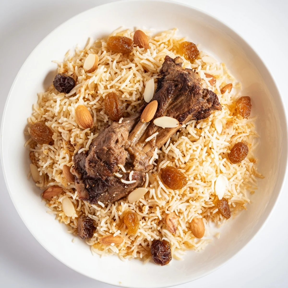 Tender lamb and fluffy rice in a vibrant plate of Saudi Kabsa, garnished with toasted almonds.