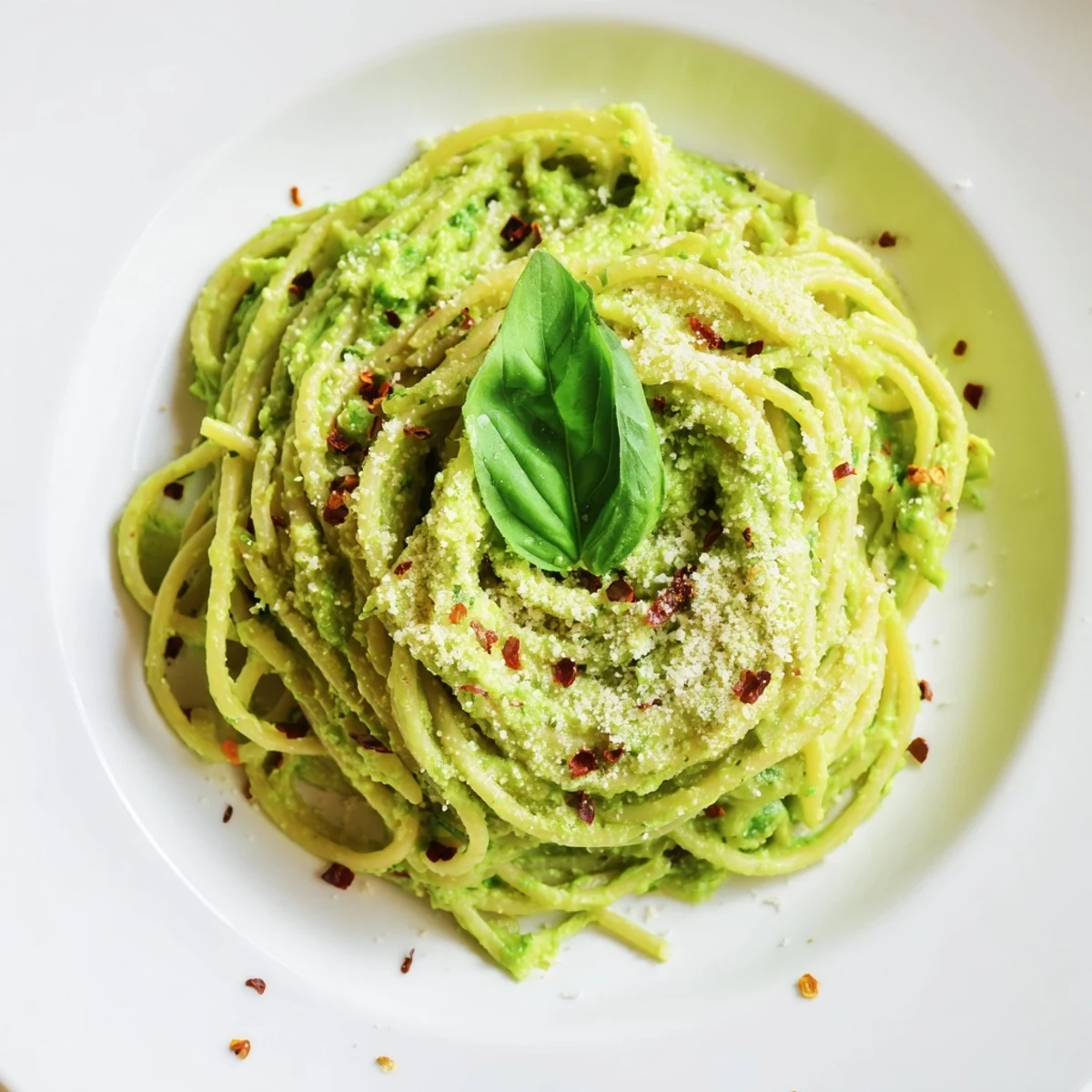 A close-up of creamy smashed avocado pasta twirled on a white plate, topped with fresh cilantro and a lime wedge.  