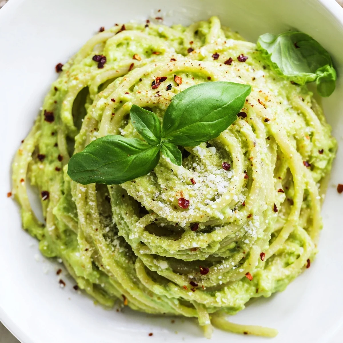 Vibrant green smashed avocado pasta served in a ceramic bowl, garnished with chili flakes and a drizzle of olive oil.  