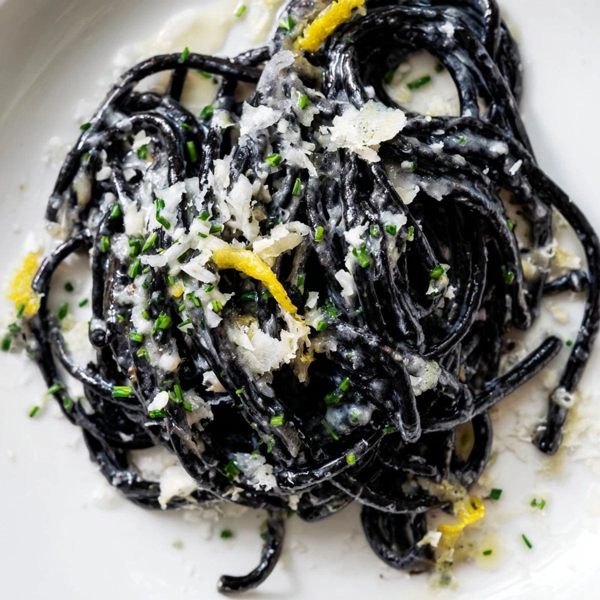 Black squid ink pasta twirled in a velvety cream sauce, garnished with chives and lemon zest on a rustic plate.  