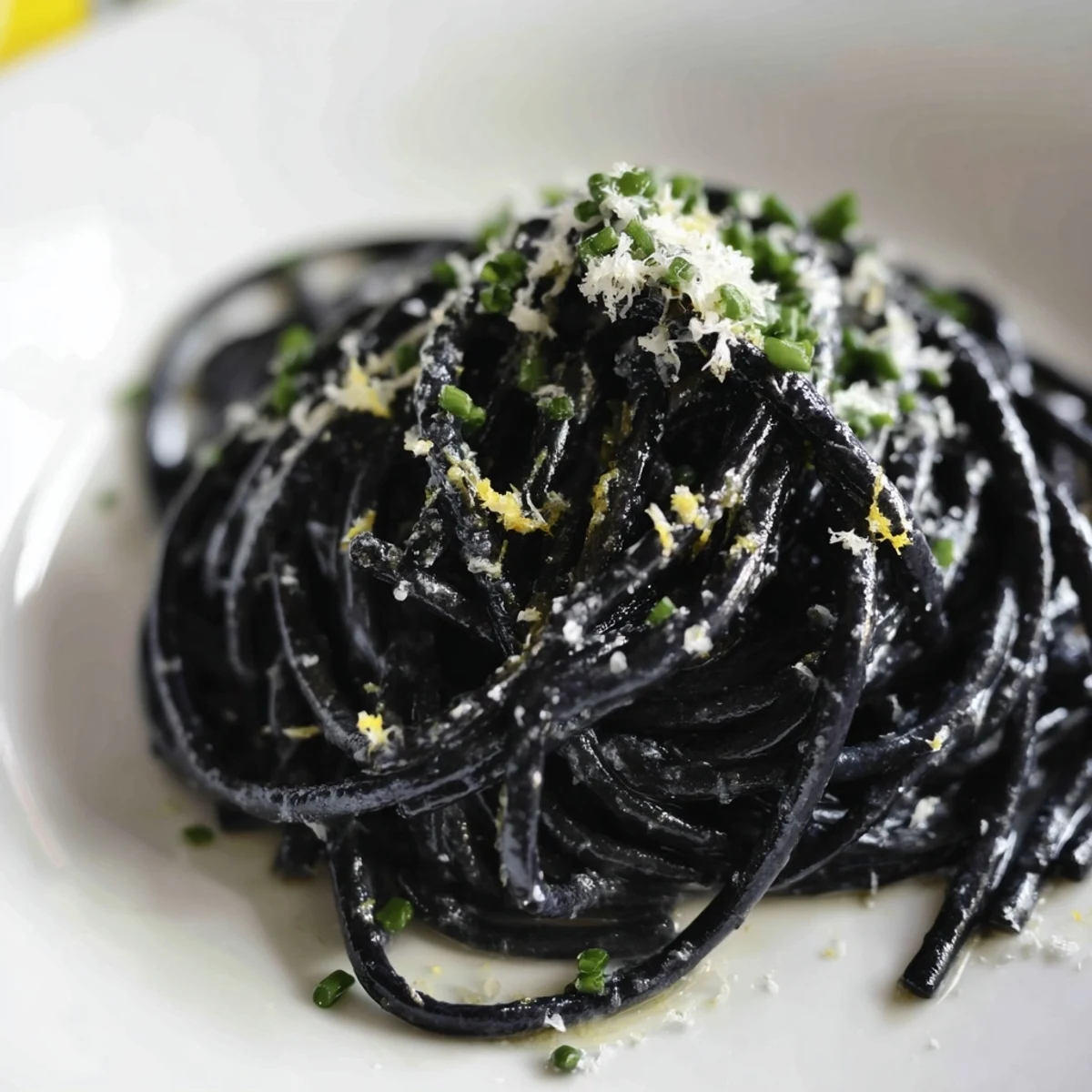 Luxurious squid ink pasta glistens in a rich cream sauce, topped with Parmesan and fresh herbs for a dinner party.  