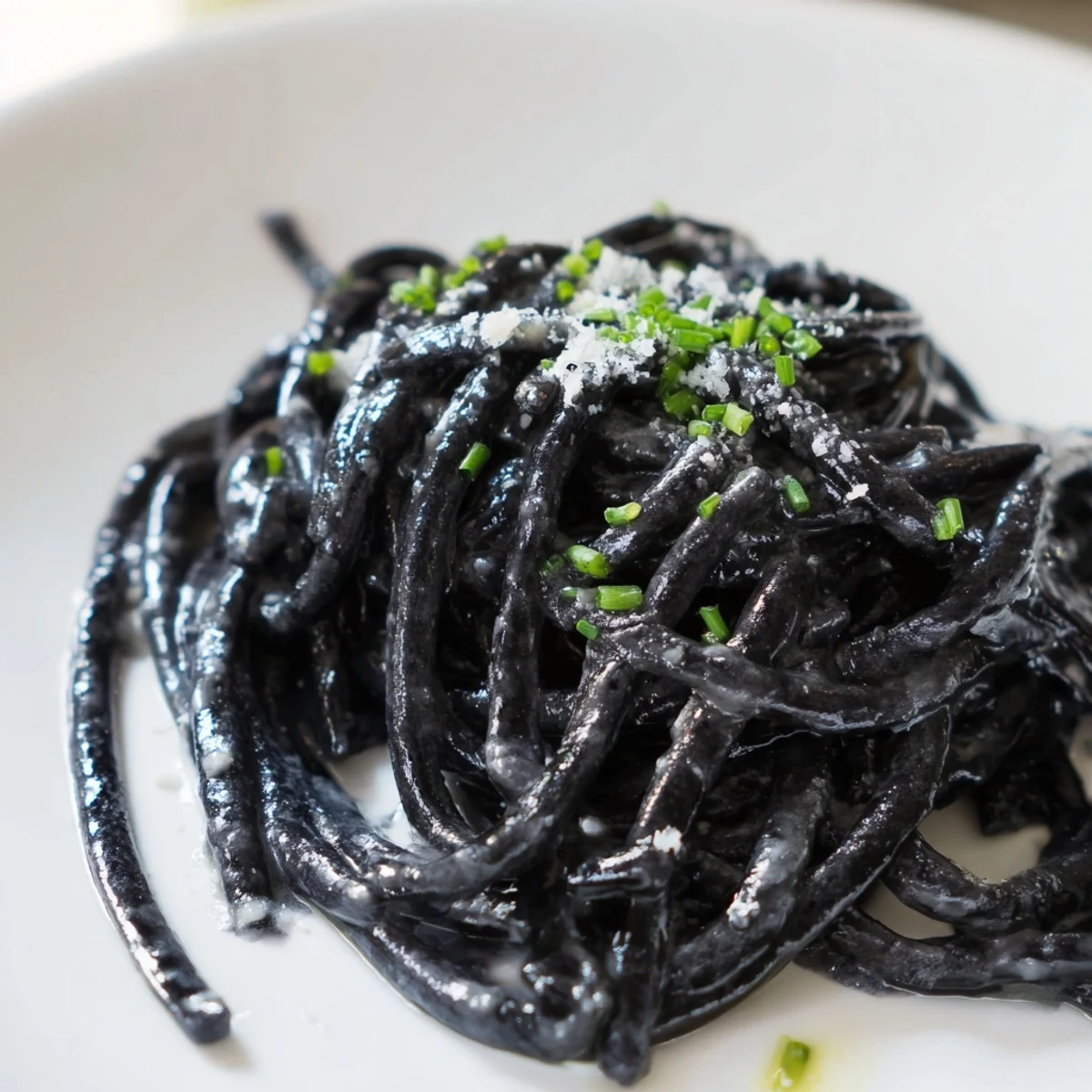 Tossing al dente squid ink pasta in a lemony cream sauce, creating a striking black and white contrast.