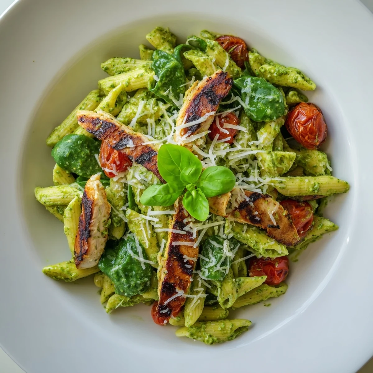 A vibrant plate of Pesto Chicken Pasta featuring sliced grilled chicken over penne tossed with basil pesto, spinach, and cherry tomatoes.