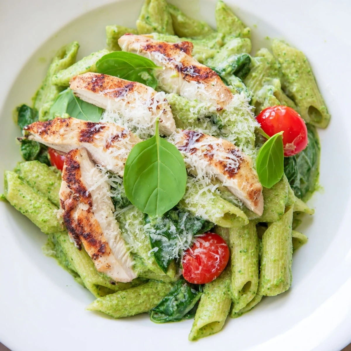 Golden grilled chicken slices rest on Pesto Chicken Pasta, with glistening basil pesto sauce and fresh cherry tomatoes in a rustic bowl.