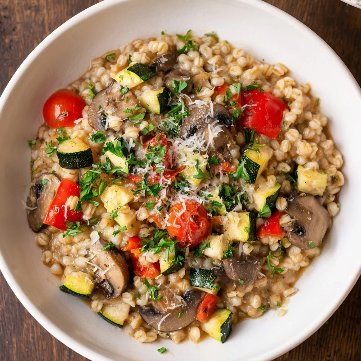 Creamy pearled barley topped with colorful, oven-roasted vegetables like zucchini and bell peppers.  