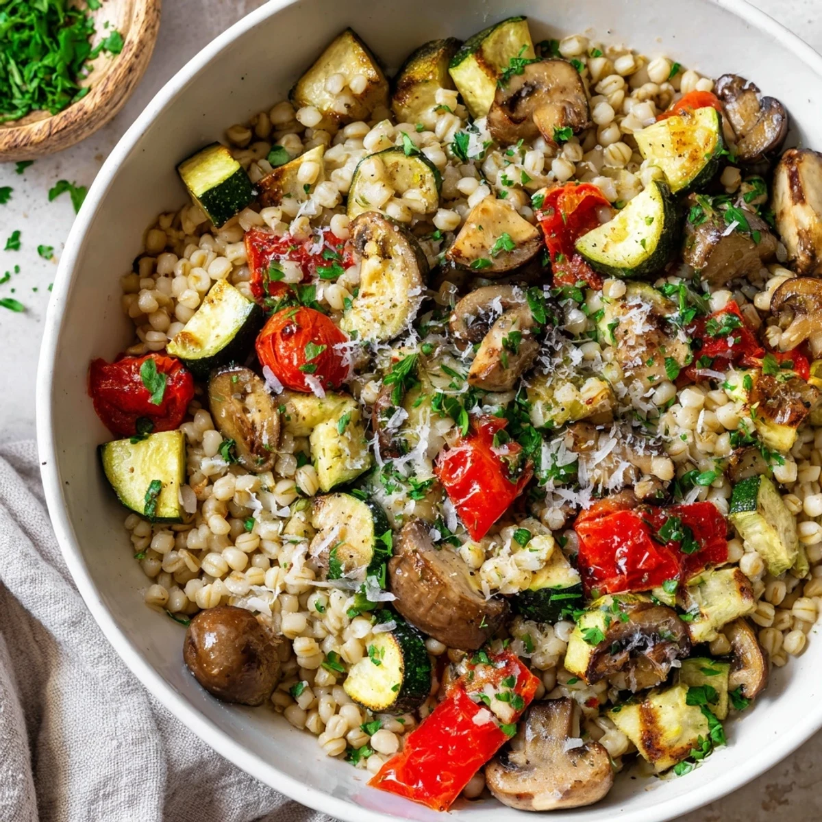 A comforting vegetarian meal bowl featuring nutty barley and a medley of golden roasted veggies.  