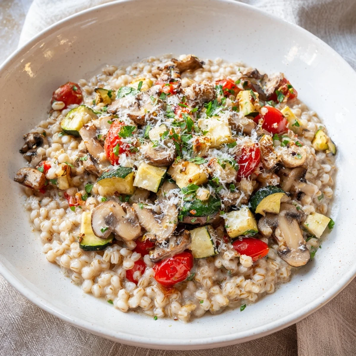 Serving suggestion for this hearty pearled barley bowl, garnished with fresh parsley and Parmesan.