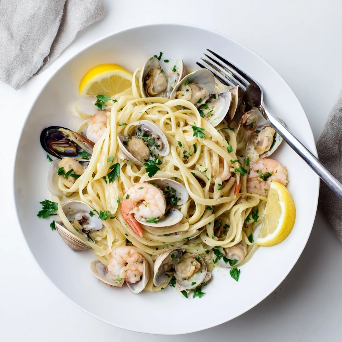 Steaming Seafood Linguine with shrimp, clams, and mussels in a fragrant white wine and garlic sauce, finished with parsley and lemon wedges.