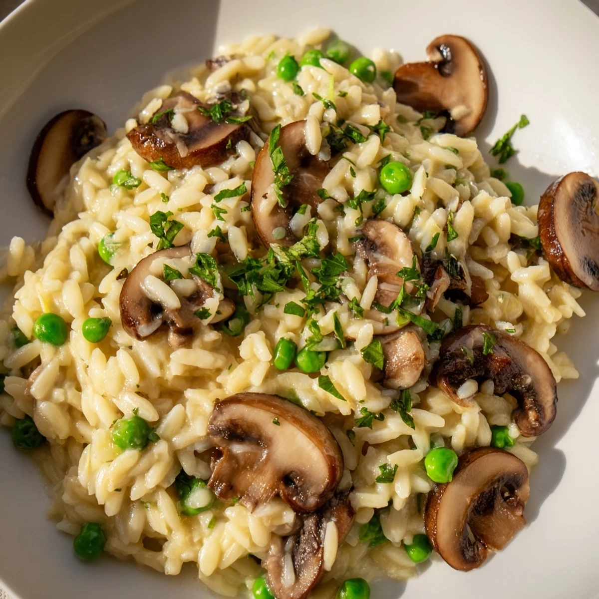 Creamy orzo mushroom risotto-style pasta with sautéed mushrooms, peas, and freshly grated Parmesan, served warm in a rustic skillet.