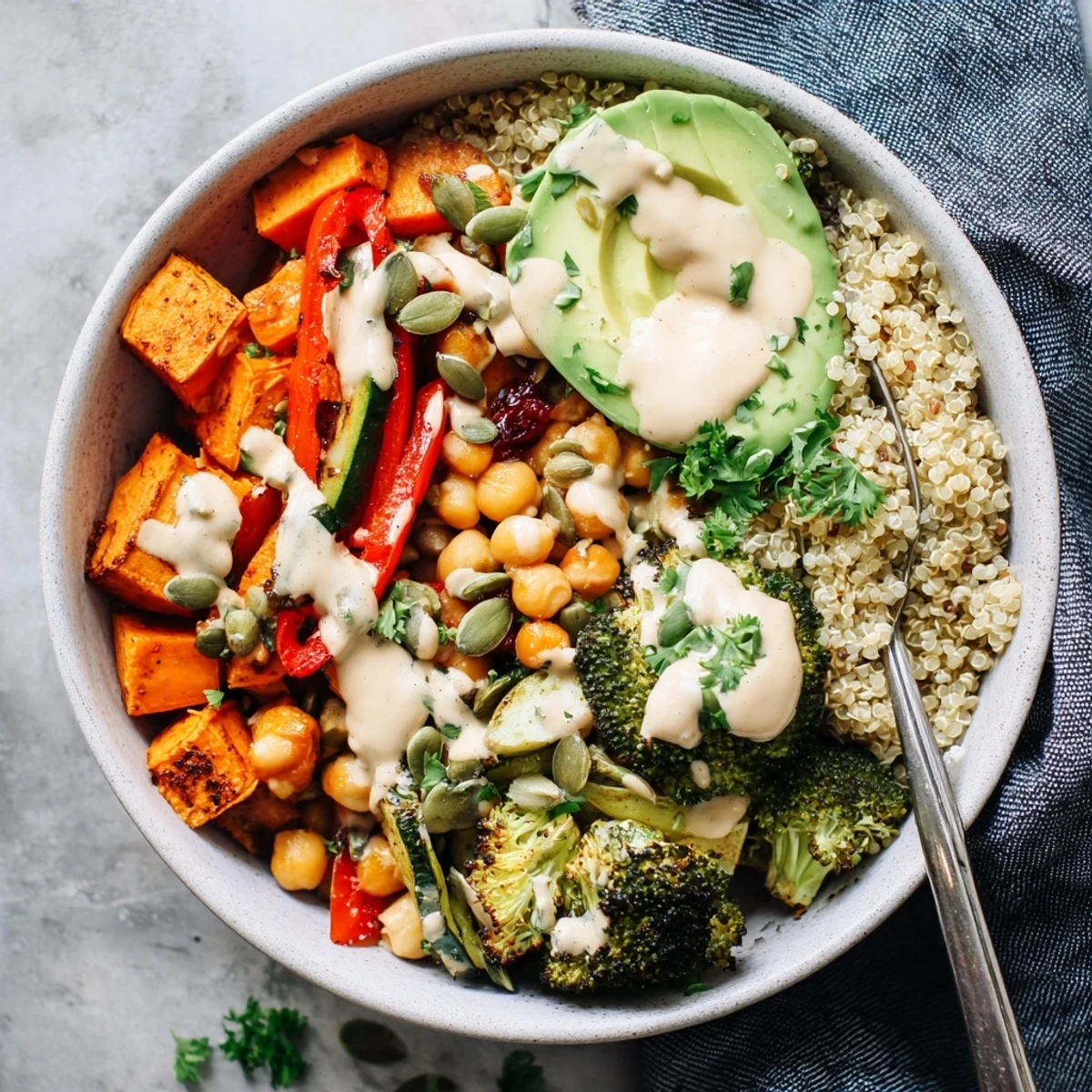 A vibrant Quinoa Buddha Bowl with fluffy quinoa, roasted sweet potatoes, broccoli, and chickpeas topped with creamy tahini dressing and avocado slices.