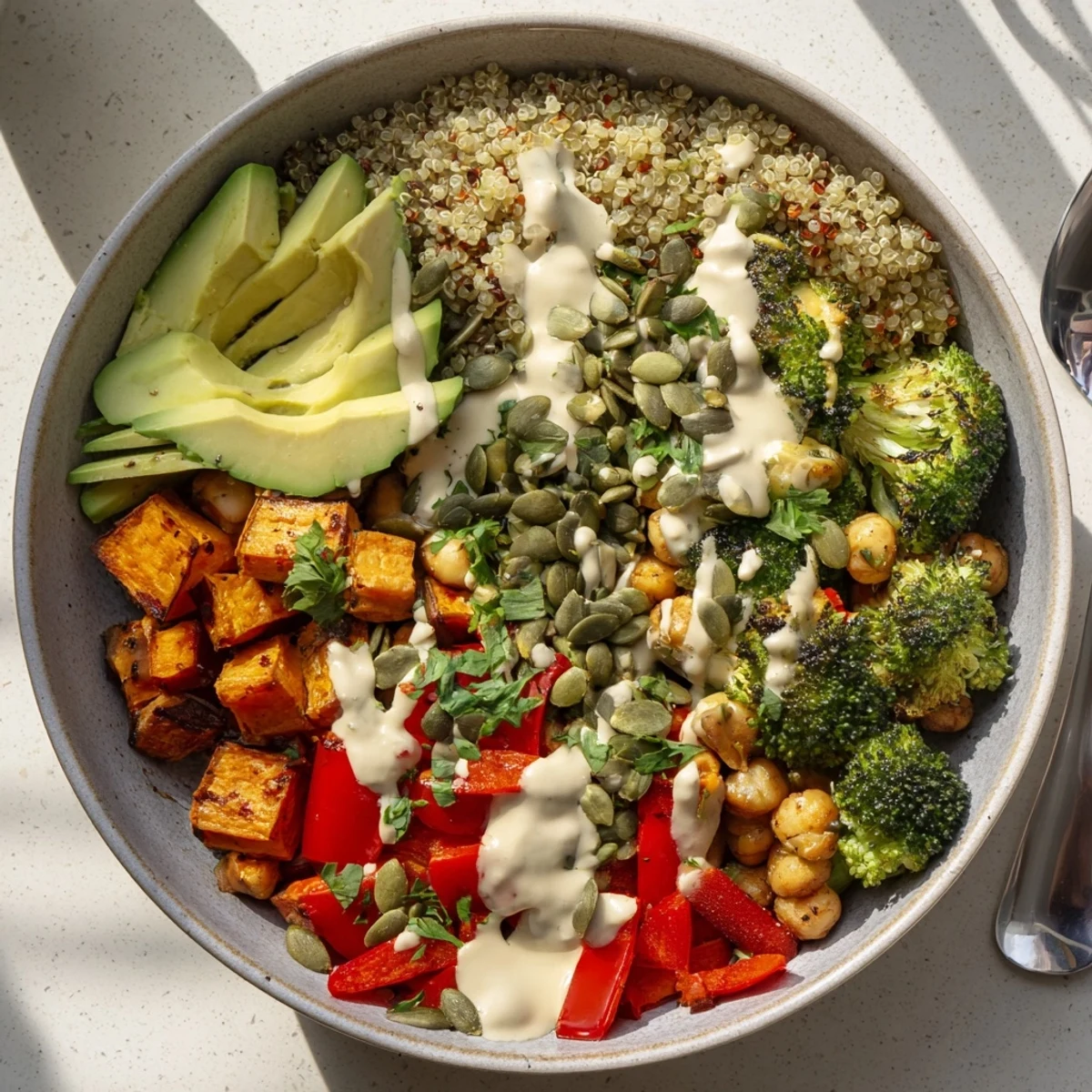 Healthy vegan Quinoa Buddha Bowl garnished with fresh parsley and pumpkin seeds, arranged in a white bowl for a colorful meal presentation.