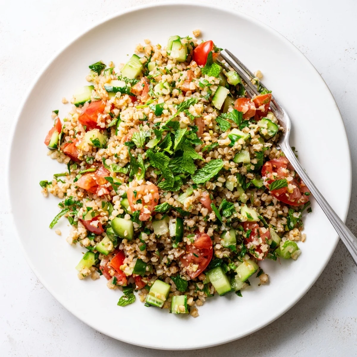 Overhead view of homemade tabbouleh salad featuring a colorful mix of herbs, vegetables, and a lemon-olive oil dressing.