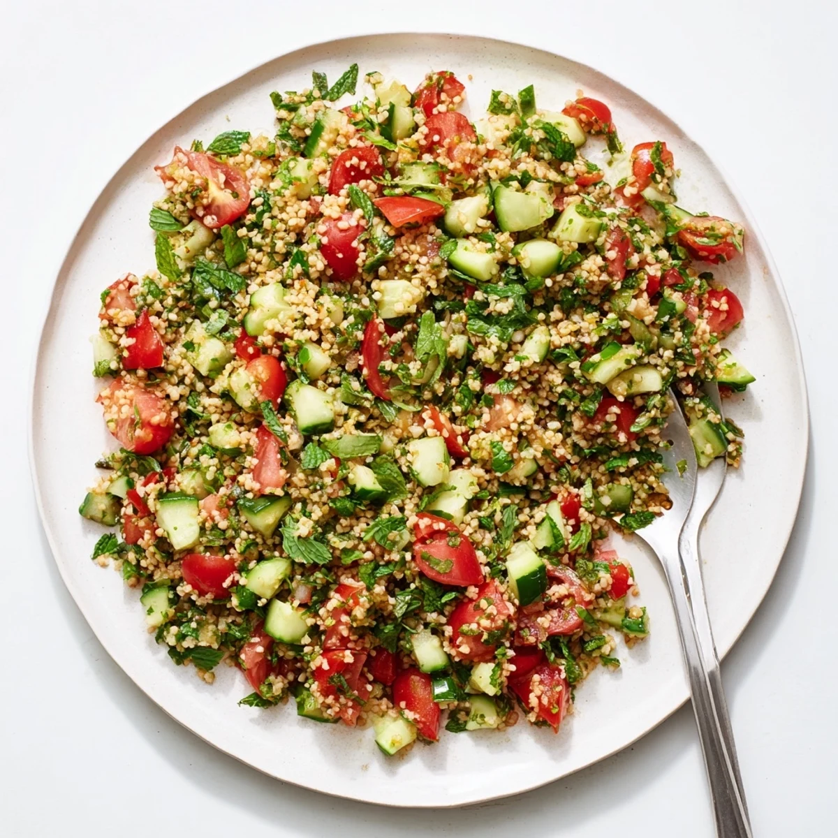 Serving suggestion for tabbouleh salad, garnished with fresh mint and lemon wedges, perfect for a light Mediterranean meal.