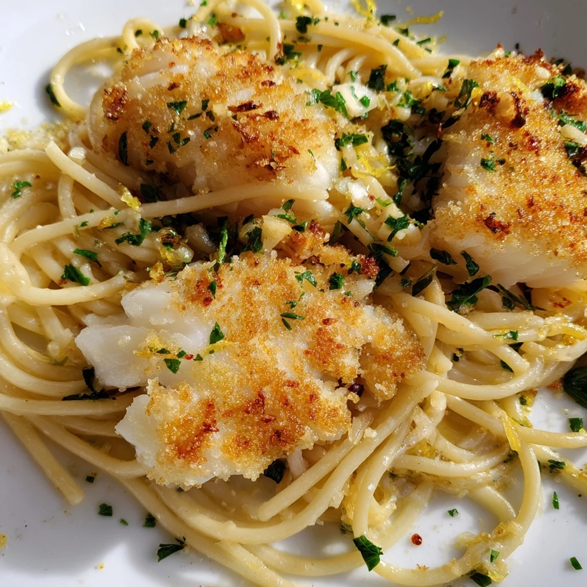 A close-up of crispy, golden pan-fried fish flakes nestled in spaghetti with fresh lemon zest and parsley.