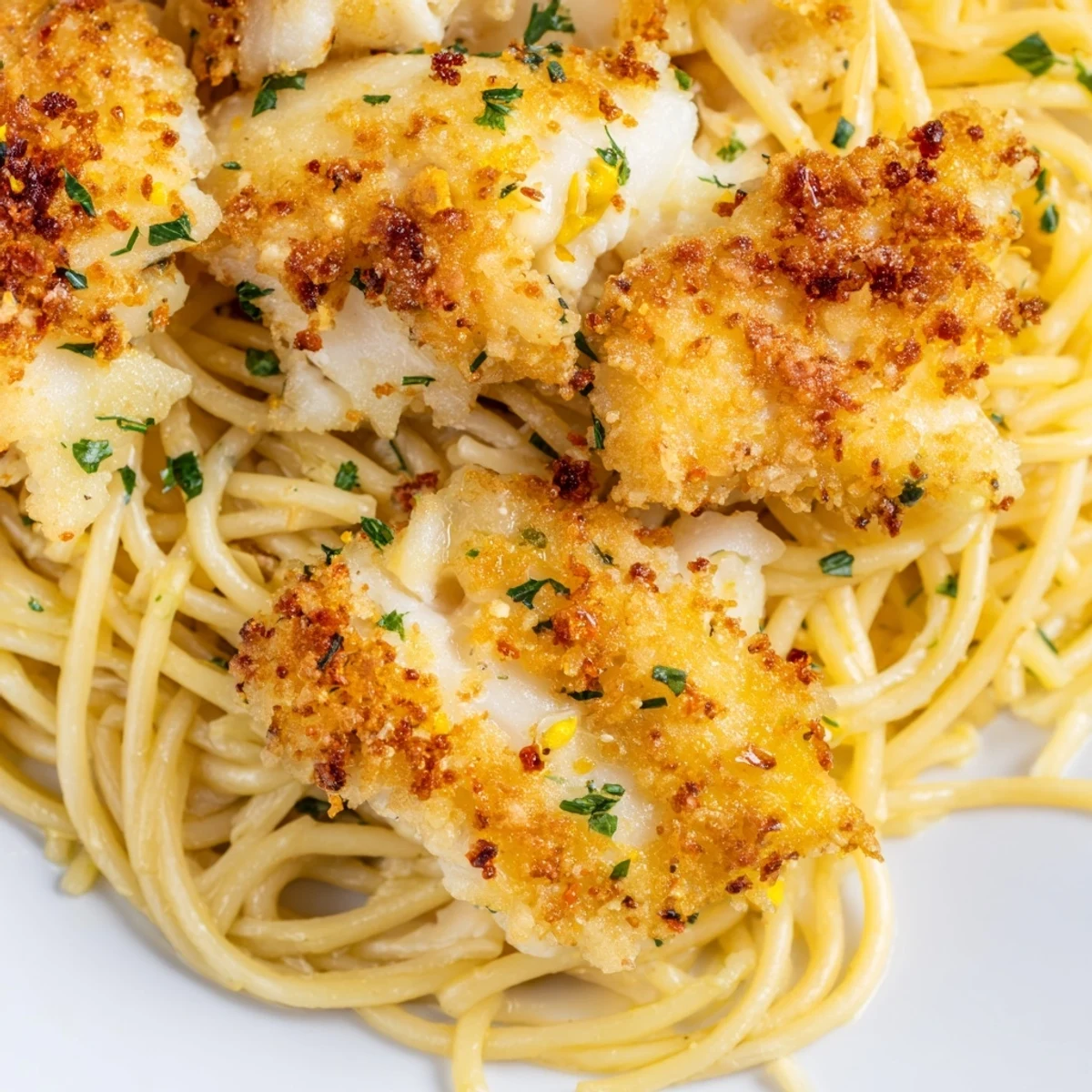 Golden, flaky fish pieces and a bright lemon wedge garnish a steaming plate of Crispy Fish Pasta with herbs.