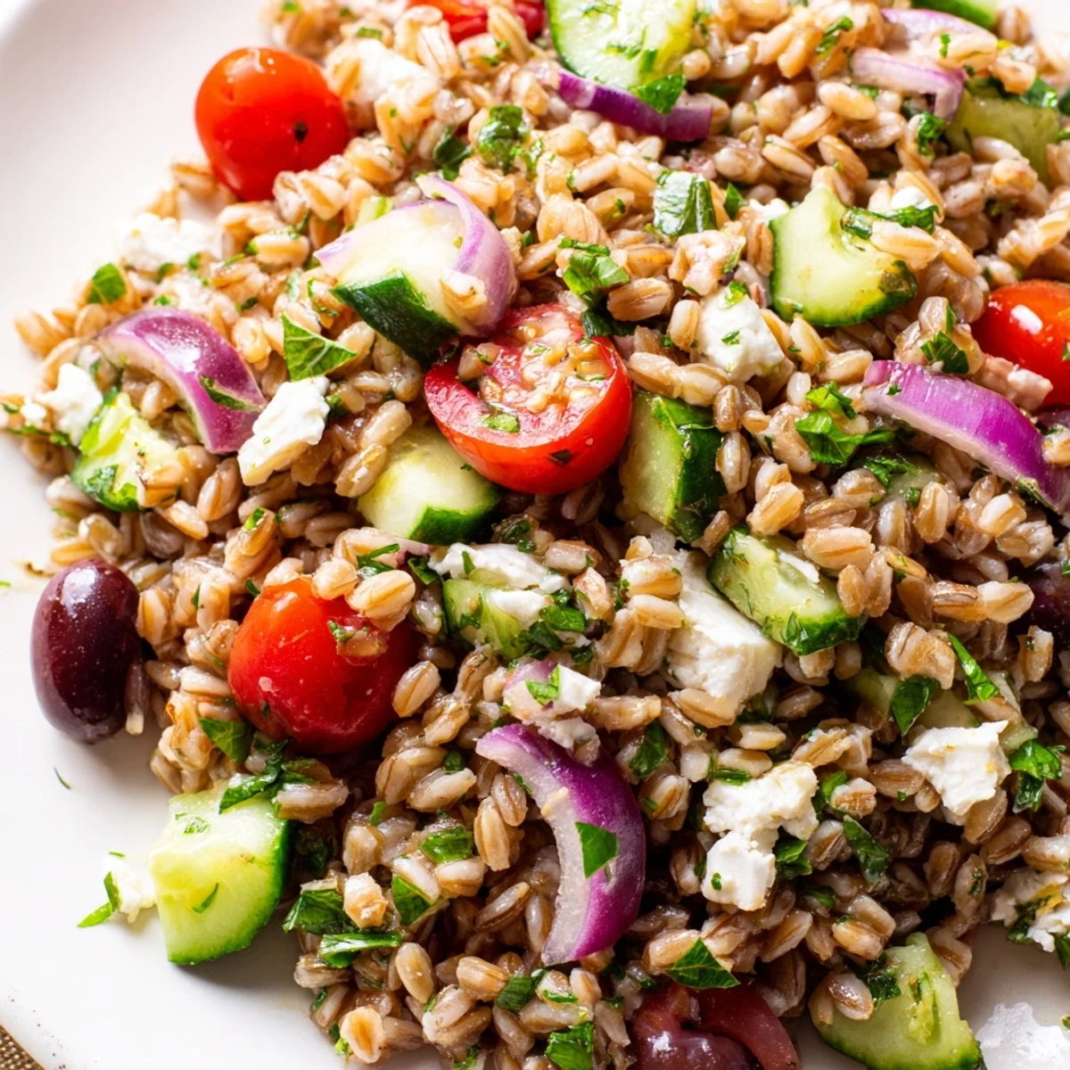 Serving suggestion for Farro Salad Mediterranean, topped with creamy feta and fresh parsley, perfect for a light lunch.
