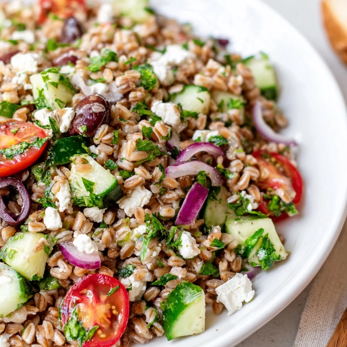 Bright Farro Salad Mediterranean in a white bowl, packed with juicy tomatoes, crisp cucumbers, and briny Kalamata olives.